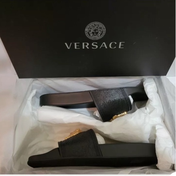 Men's Black Gold Versace Medusa Palazzo Sandals Slides Flip Flops - Picture 3 of 3